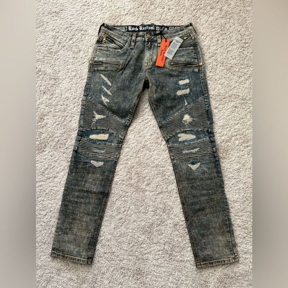 Rock Revival Moto Biker Distressed Tapered Leg Jeans “Elliot” - Picture 1 of 12